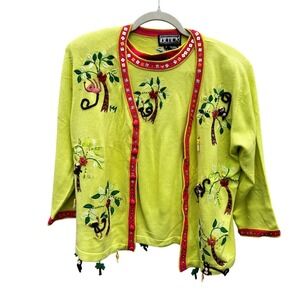 Berek Monkey Jungle Lime Green Cardigan Shell Sweater Set S Teacher Vintage